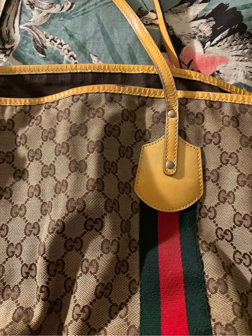 Gucci Brown Monogram Shoulder Bag with Yellow Trim and Green-Red Web